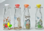 glass milk bottle with hanldle with decal